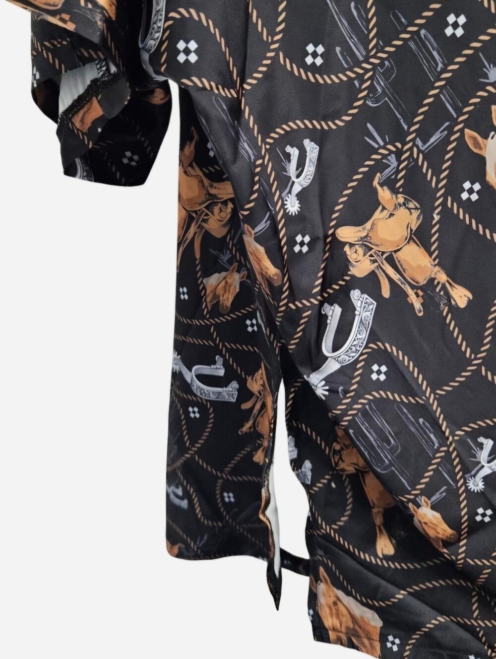Two Fly Black & tan western print cowboy Cowgirl Short Sleeve Blouse Womens S/M - Picture 7 of 8